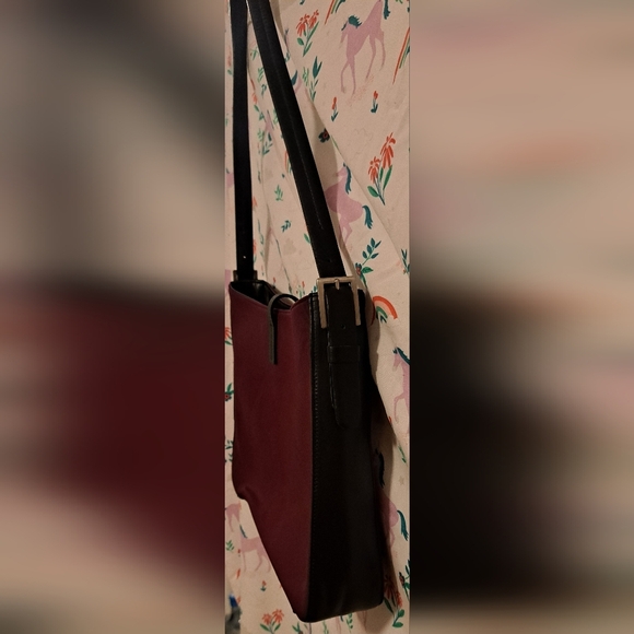 EUC Lamarthe Burgundy Cotton & Black Italian Leather Casual Shoulder Purse Bag - Picture 5 of 16